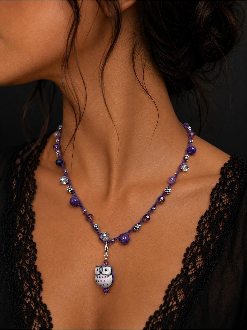 Purple Owl Crochet Necklace | Handmade Beaded Fiber Necklace